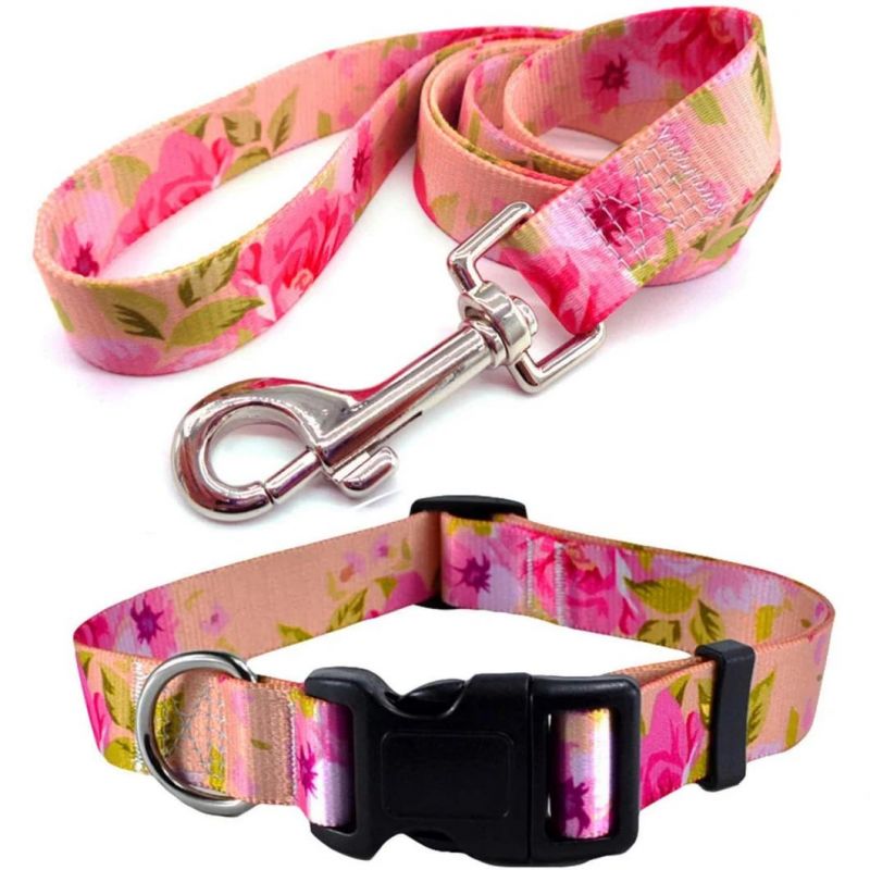 Pink Flowers Polyester Dog Leash Floral Print Pet Leash
