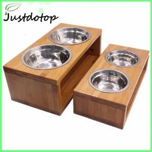 Stainless Steel Cat Pet Bowl with Bamboo Wood Holder Pet Dog Feeder