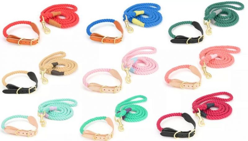 Luxury Cow Leather Organic Natural Cotton Braided Dog Climbing Rope Collar and Leash Set