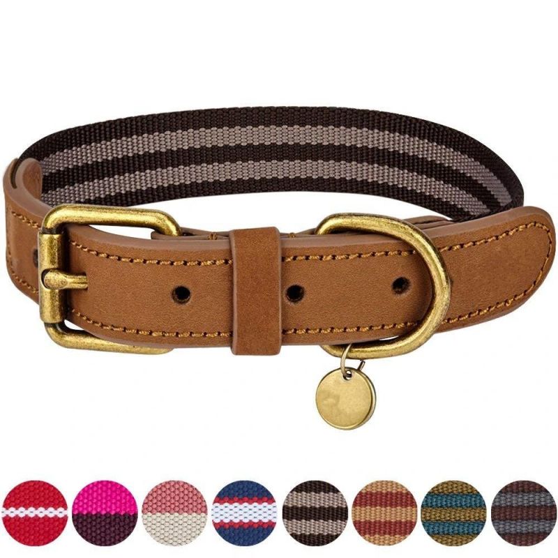 Polyester Fabric and Soft Genuine Leather Webbing Dog Collar, 8 Colors, Matching Leash Available Separately