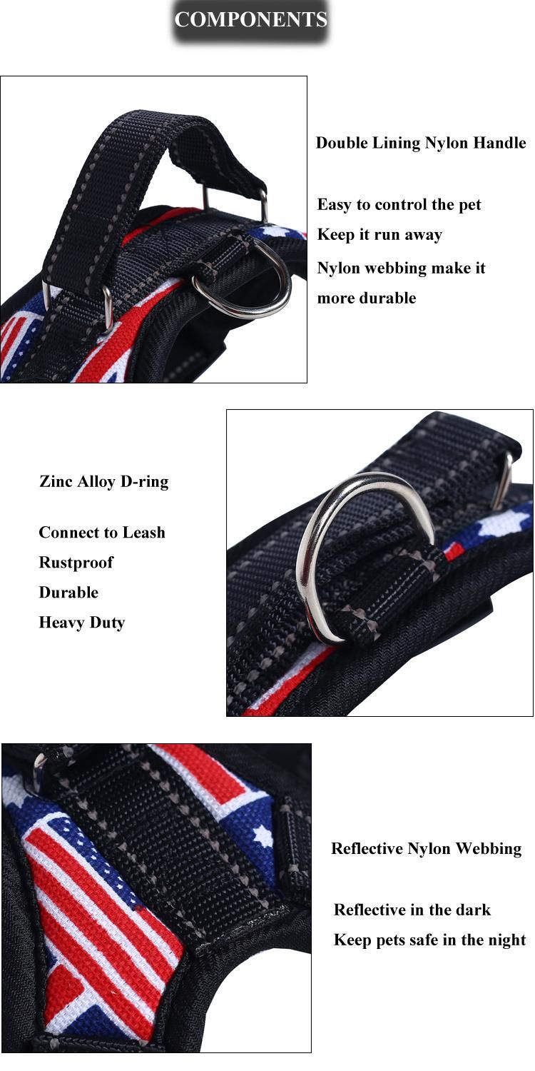Nylon Reflective Webbing Dog Harness Camo USA Flag with Mesh Padded Lining