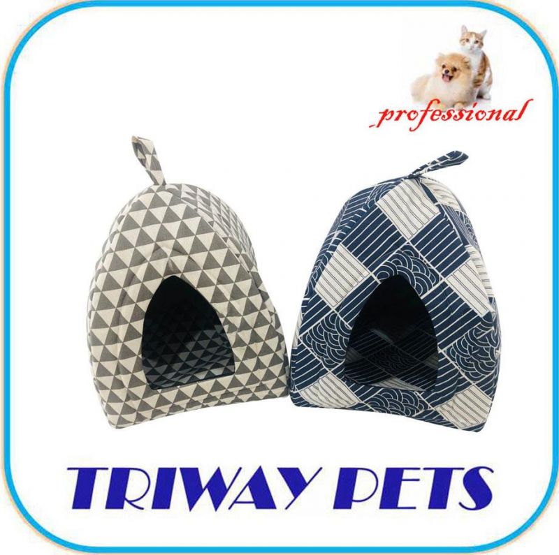 Printed Faux Linen Soft Pyramid Hut Pet Bed