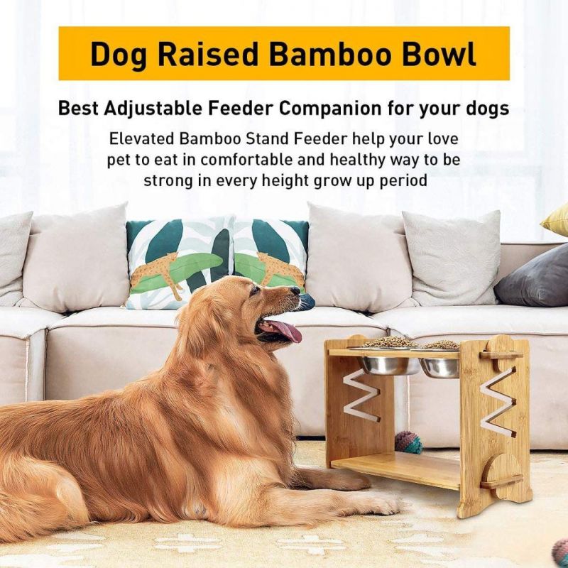 Elevated Double Bowls with Bamboo Stand Adjustable Pet Feeder