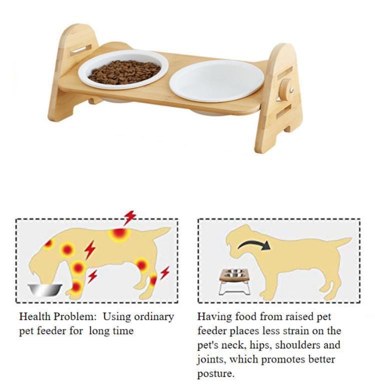 Bamboo Wooden Cat Bowl Holder Double Bowl Adjustable Height Pet Feeder Protects Cervical Vertebra Wooden Pet Bowl Holder