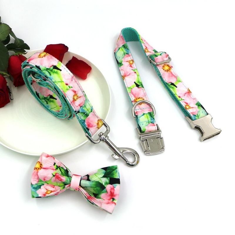 Pet Accessories New Arrival Personalized Girl Dogs Bowtie Floral Patterns Green Cotton Webbing Dog Collar Leash Set