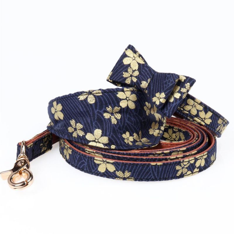 Bronzing Fabric Pattern Printed Pretty Japanese Personalized Dog Bandana Collar with Bow Tie and Leash