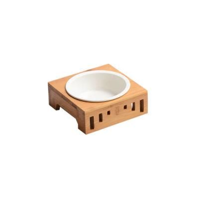 Bamboo Pet Dining Table Oblique Stand with One Bowl
