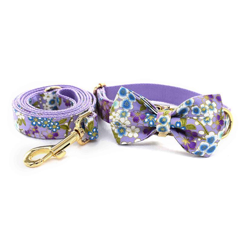 Japanese Style Purple Floral Dog Collar Leash Pet Supply