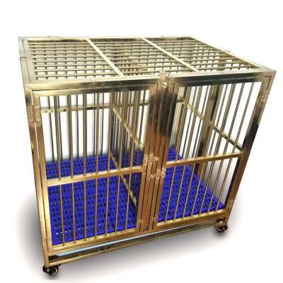 Wholesale Heavy Duty Stainless Steel Gold Double Doors Dog Cage Kennels with Wheels