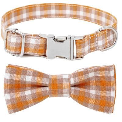 Wholesale Custom Logo Pet Supplier Polyester No Fade Plaid Silver Buckle Dog Collars with Bowtie