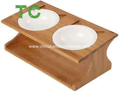 Bamboo Elevated Pet Bowls, Raised Dog Cat Feeder with Ceramic Food Feeding Bowl