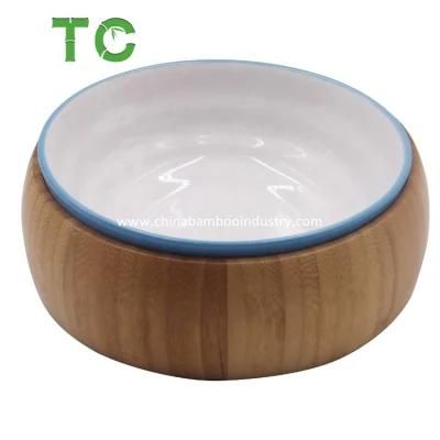Bamboo Pet Bowls Feeders Ceramic Pet Bowls with Holder Pet Food Water Feeder