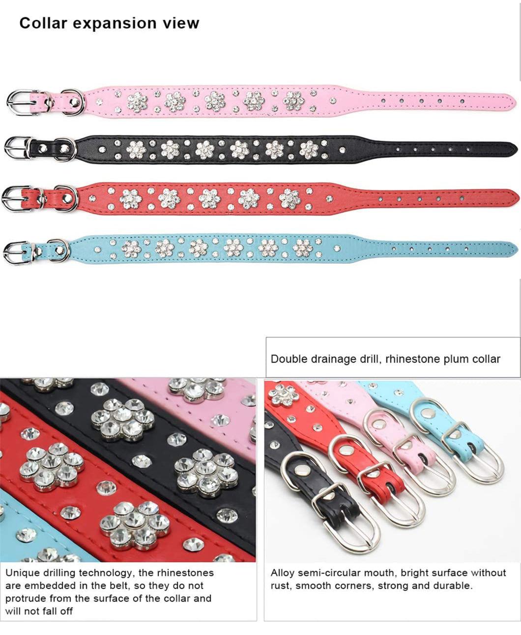 Pet Collar Rhinestones Bling Plum Flower Studded PU Leather Dog Collar