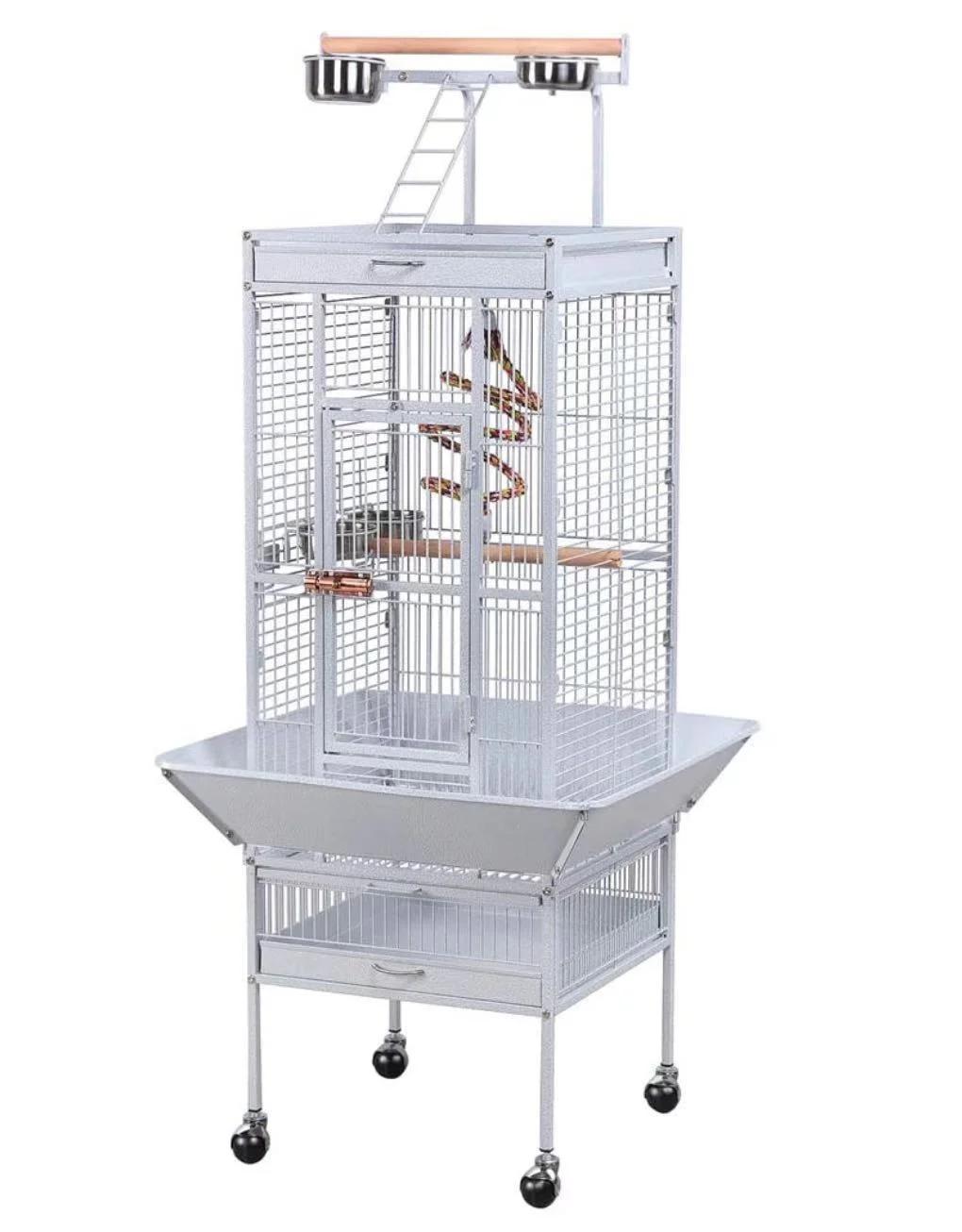 Wrought Iron Open Play Top Perch with Rolling Stand Castor Wheels Feeding Bowl for Parrot Cockatiel Finch Pet House Wholesale Large Bird Cage