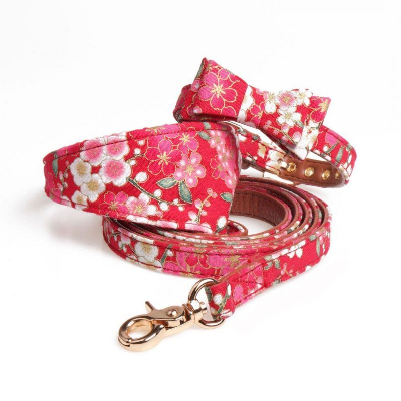 Bronzing Fabric Pattern Printed Pretty Japanese Personalized Dog Bandana Collar with Bow Tie and Leash