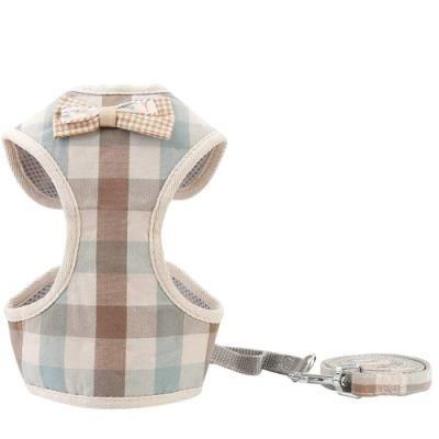 Bowtie Plaid Cotton Air Mesh Dog Harness and Leash Sets