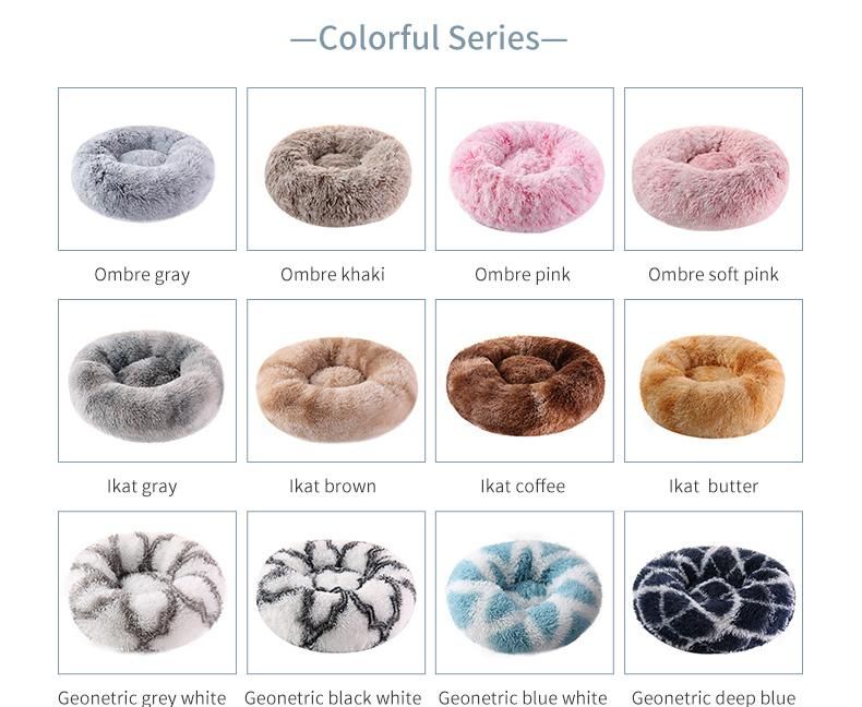 Long Faux Fur Pet Bed Comfortable Waterproof Plush Donut Round Dog Bed Cat Bed Removable Pet Cushion