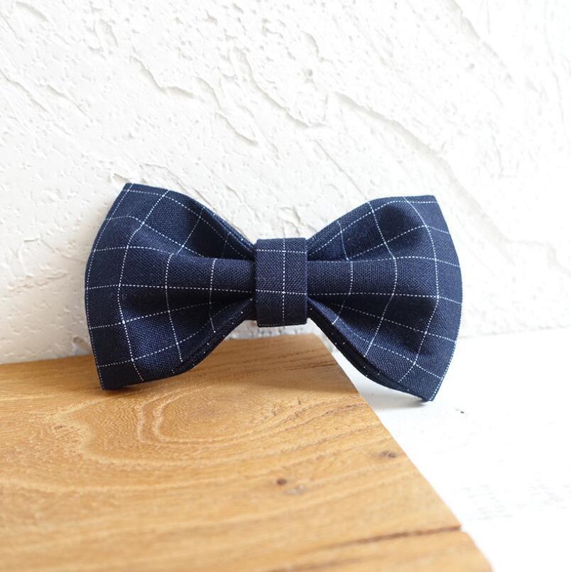 Dark Blue Plaid Polyester Matching Dog Collar and Leash and Bow Tie