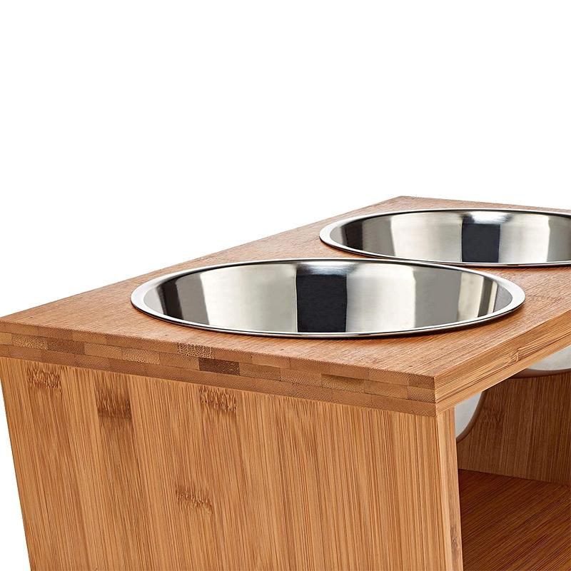 Double Bowls with Bamboo Stand Raised Pet Feeder Pets Gift