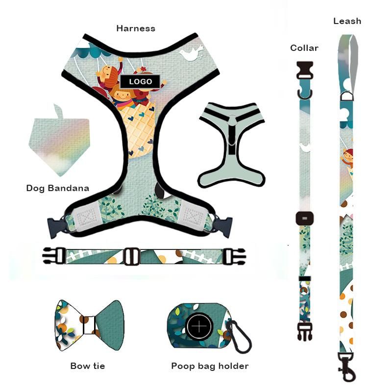 Pinkun Dongguan Product Top Seller Custom Design 2 in 1 Reversible Dog Harness Neoprene, Custom Adjustable Collar Bow Leash Harness and Bandana Sets