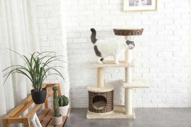 42.5" Tall Medium Cat Stand Condo House Rattan Cat Tree