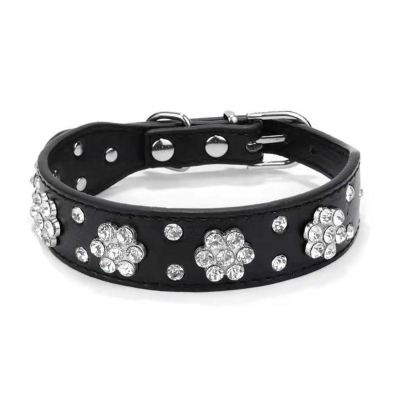 Pet Collar Rhinestones Bling Plum Flower Studded PU Leather Dog Collar