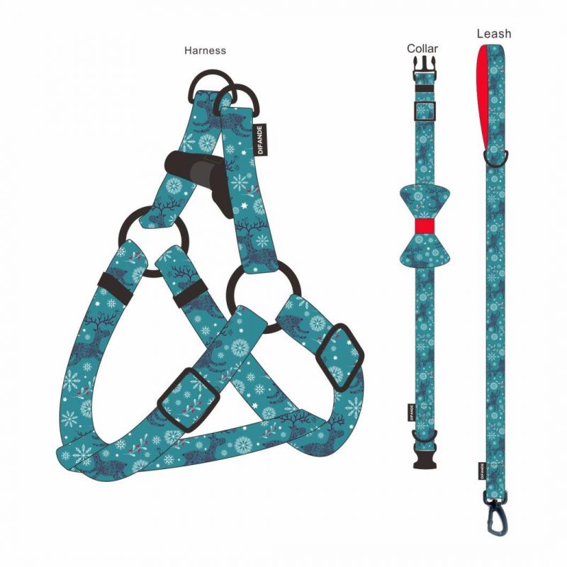 Adjustable Dog Collar Leash Harness Set Heavy Duty Collar Cute Santa Pattern Puppy Leash Harness