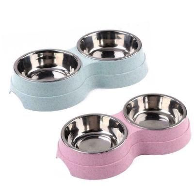 Double Bowls Dog Food Water Feeder Stainless Steel Pet Bowl