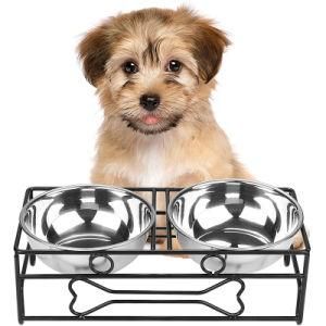 Bone Style Pet Feeder Dog Cat Stainless Steel Food /Water Bowls with Iron Stand
