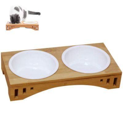 Pet Raised Bowl Bamboo Feeder with Ceramic Bowl