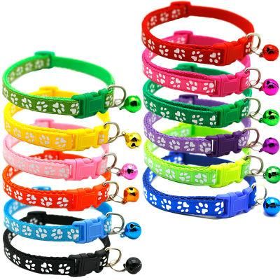 Manufacturer Wholesale Multi-Colors Paw Print Adjustable Nylon Cat Dog Collar with Bell