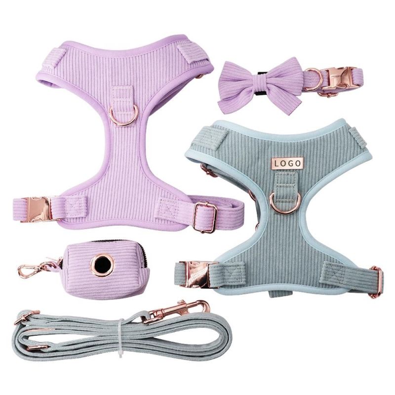 Hot Sale Pet Items Designer Corduroy Material Hunde Geschirr Dog Harness Collar and Leash Set