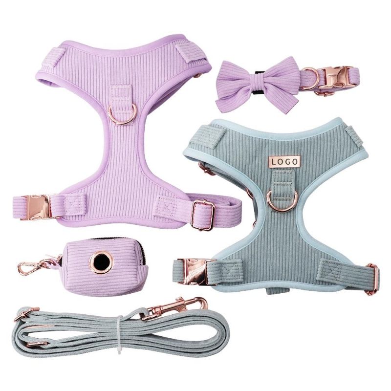 Hot Sale Pet Items Designer Corduroy Material Hunde Geschirr Dog Harness Collar and Leash Set