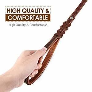 Heavy Duty Leather Dog Leash with 2 Handles, Padded Traffic Handle for Extra Control, 6FT Dog Training Walking Leashes