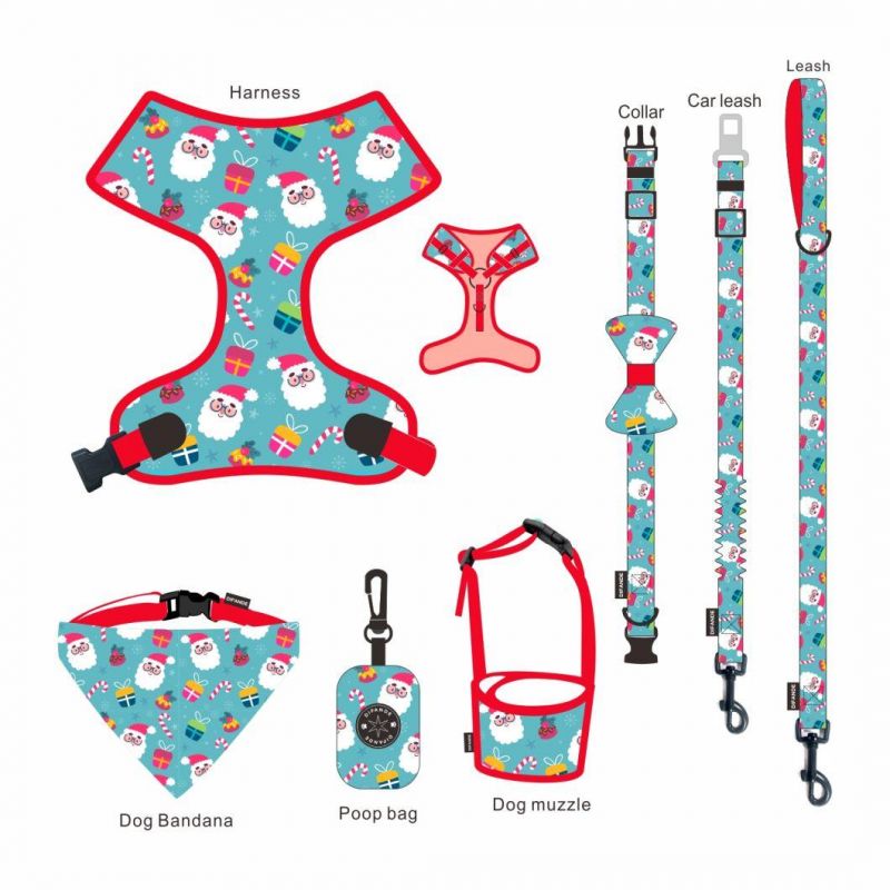 Adjustable Dog Collar Leash Harness Set Heavy Duty Collar Cute Santa Claus Puppy Leash Harness