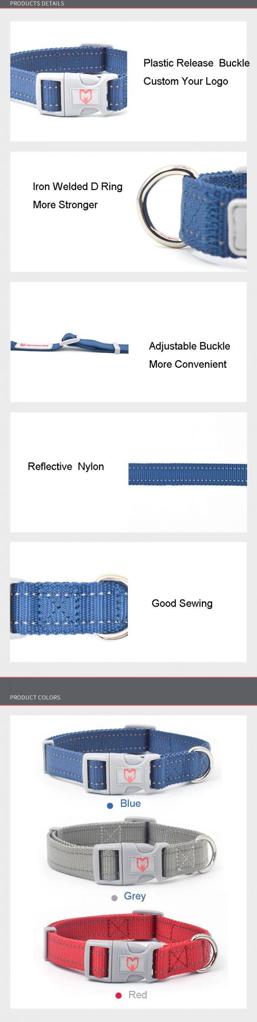 Customized Label Reflective Nylon Pet Dog Nylon Collar with Plastic Buckle