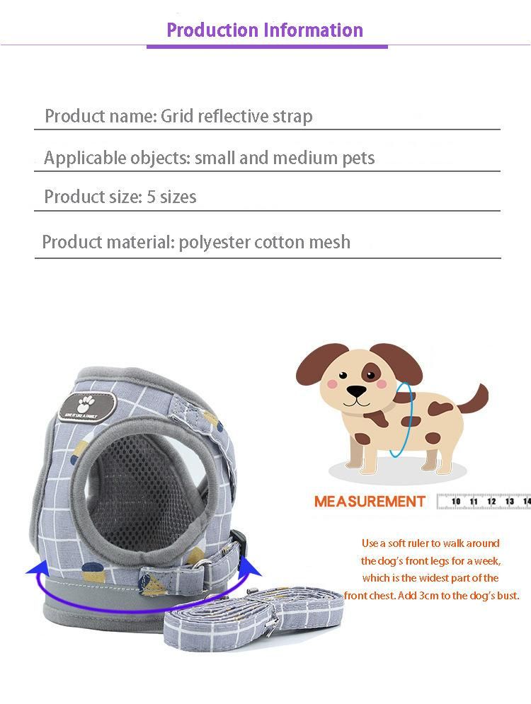 Dog Harness Vest No Pull Adjustable Dog Leash Soft Breathable Plaid Dog Walking Harness