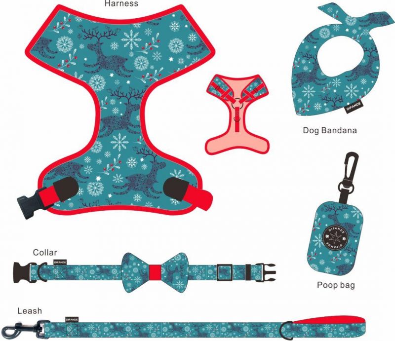 Adjustable Dog Collar Leash Harness Set Heavy Duty Collar Cute Santa Pattern Puppy Leash Harness