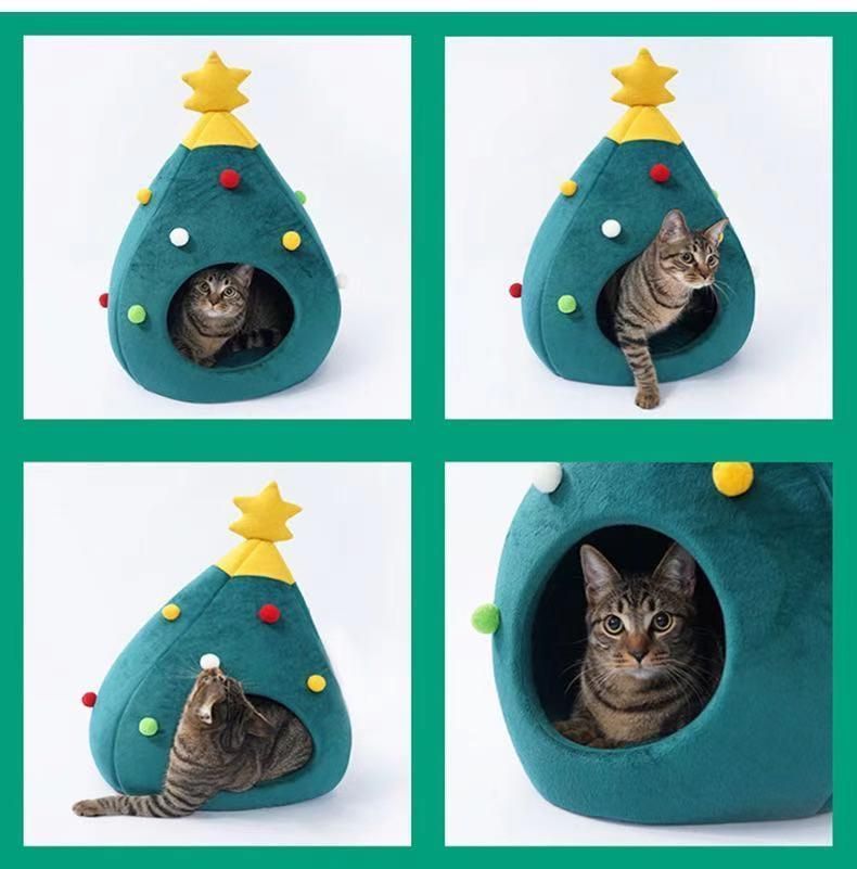 Cute Cat Pet Bed Cat Cave Half Closed Sleeping Bag Pet House Portable Christmas Cat House