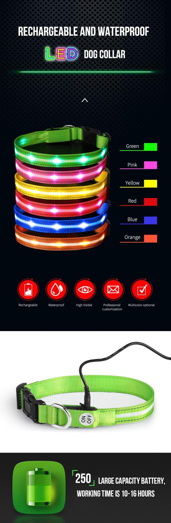 New Arrival LED Light-up Dog Collar Reflective Adjustable Dog Collars LED Pet Collar/Factory Price