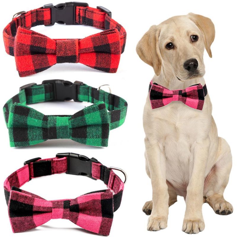 Small Medium Large Dogs Bowtie Pet Collar, Cotton Striped Colorful Plaid Adjustable Dog Collars//