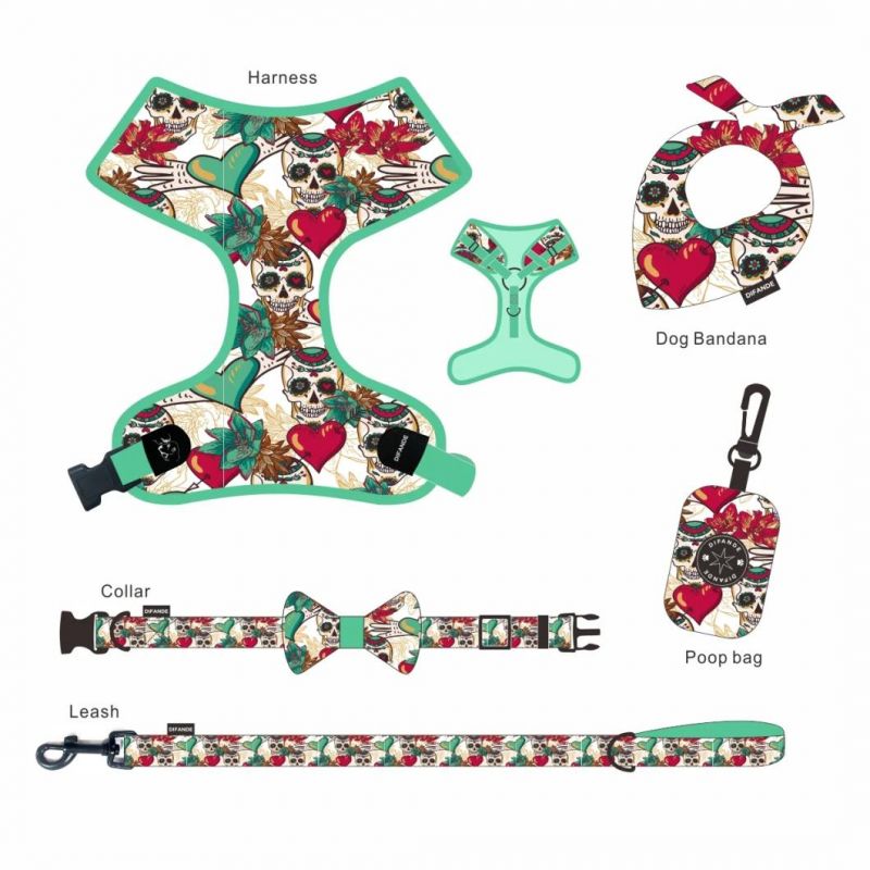 Manufacturer 6 Piece Design Dog Bow Tie Bandana Poo Bag Custom Dog Harness Luxury Dog Collar Leash Set