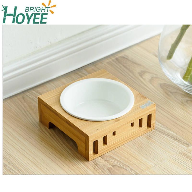 Bamboo Pet Dining Table Oblique Stand with One Bowl