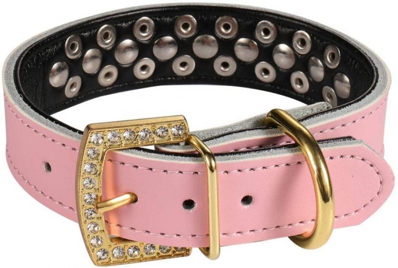 Luxury Gold Rhinestones Buckle Soft Leather Mushrooms Rivet and Gold Spikes Studded Personalized Collar