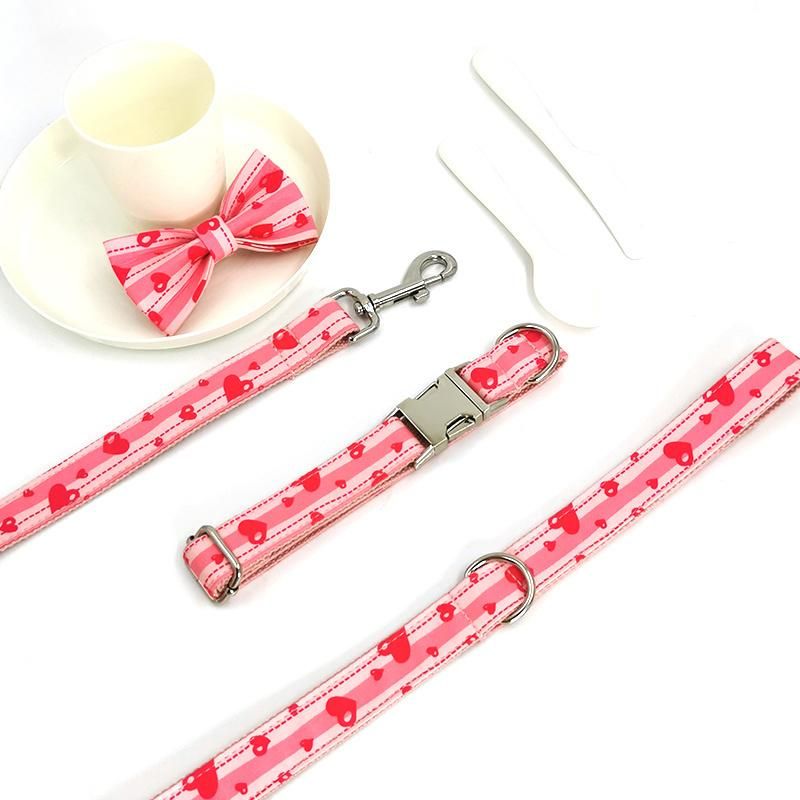 Cute Design Princess Style Pink Heart Printing Personalized Cat Bow Tie Dog Collar Pet Dog Collar and Leash Set