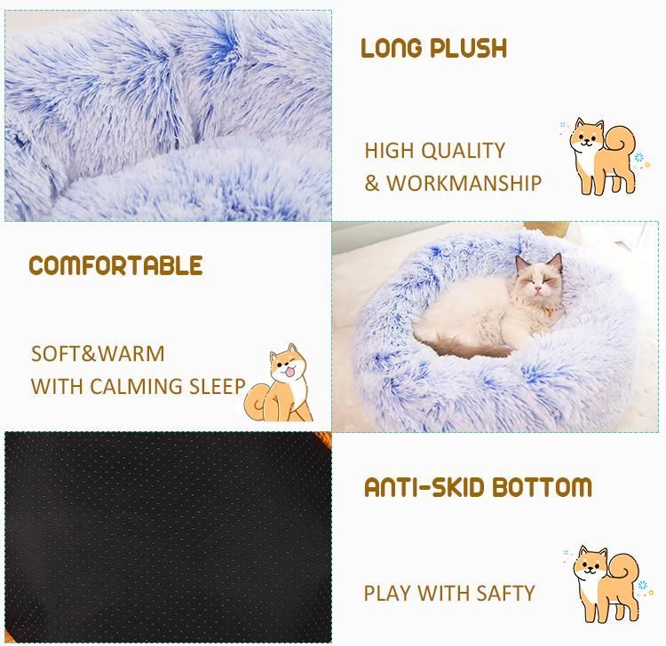 Multiple Colors Comfortable Soft Plush Round Anti-Slip Faux Fur Fluffy Donut Pet Dog Cat Sleeping Cushion Bed