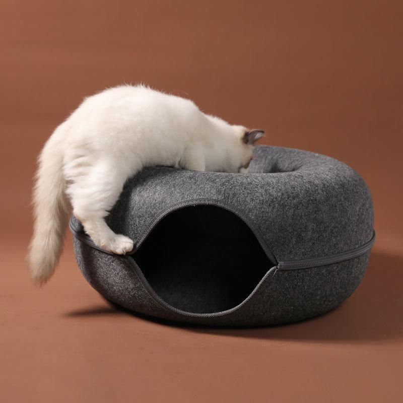 Long Plush Fluffy Pet Bed for Cat Anti Slip DOT Bottom Calming Puppy Dog Donut Bed Round Cat Bed