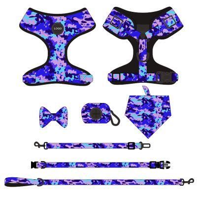 Hot Selling Factory Custom Seven-Piece Set Camouflage Blue Powder, Pet Collar, Pet Harness, Pet Leash, Bow Tie, Safety Rope