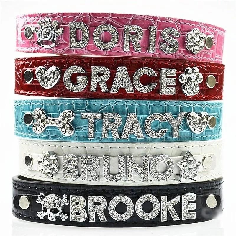 Mock Croc PU Leather Dog Collar Diamond DIY Name Letters Jewels Rhinestone Pet Dog Jeweled Collars