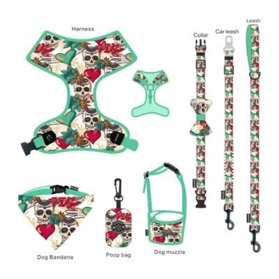 Manufacturer 6 Piece Design Dog Bow Tie Bandana Poo Bag Custom Dog Harness Luxury Dog Collar Leash Set